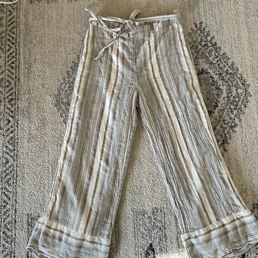 Vertical striped linen pants with tie and stretch band waistEXPRESS brand